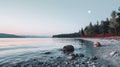 Serene Dusk Beach With Rocks And Trees: A Lo-fi Aesthetic