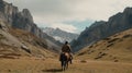 Stunning 8k Still Image Of Cowboy Riding Through Majestic Rocky Mountains