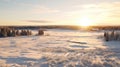 Romantic Winter Landscape: Aerial View Of Snow Covered Ground At Sunset