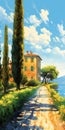 Coastal Road With Cypress Trees And Luxurious Villa Watercolor Painting