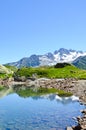 Stunning Lac de Cheserys, Lake Cheserys near Chamonix-Mont-Blanc in French Alps. Alpine lake with snow capped mountains in the