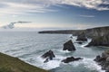 Stunning landcape image of Bedruthan Steps on Cornwall coast in