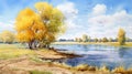 Watercolor Painting Of Autumn River With Accurate Ornithological Style