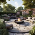 Tranquil Gardenscape With Circular Firepit And Seating Area