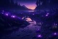 Glowing River and Bioluminescent Flowers in Purple Sunset with Starry Sky