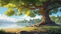 Professional Cartoon Landscape With Canopy Tree And Beautiful Morning Sunlight