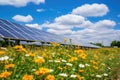 A stunning landscape of a field covered in a vibrant mix of yellow and white flowers, Wildflowers in front of solar panels on a