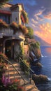 Stunning Landscape House Cliff Overlooking Ocean Matte Italy Daylight Sunrise Young Computer Graphics Painted Bright Deep Color