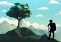 Illustration of breathtaking mountain scenery with a silhouetted hiker and a blue sky