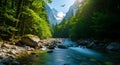 Mountain River Landscape Forest, Eagle, and Flowing Water Royalty Free Stock Photo