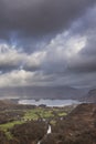 Stunning landscape image of the view from Castle Crag towards Derwentwater, Keswick, Skiddaw, Blencathra and Walla Crag in the Royalty Free Stock Photo