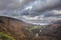 Stunning landscape image of the view from Castle Crag towards Derwentwater, Keswick, Skiddaw, Blencathra and Walla Crag in the Royalty Free Stock Photo