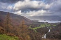 Stunning landscape image of the view from Castle Crag towards Derwentwater, Keswick, Skiddaw, Blencathra and Walla Crag in the Royalty Free Stock Photo