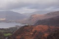 Stunning landscape image of the view from Castle Crag towards Derwentwater, Keswick, Skiddaw, Blencathra and Walla Crag in the