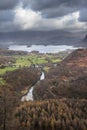 Stunning landscape image of the view from Castle Crag towards Derwentwater, Keswick, Skiddaw, Blencathra and Walla Crag in the