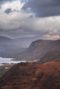 Stunning landscape image of the view from Castle Crag towards Derwentwater, Keswick, Skiddaw, Blencathra and Walla Crag in the