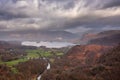 Stunning landscape image of the view from Castle Crag towards Derwentwater, Keswick, Skiddaw, Blencathra and Walla Crag in the