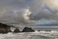 Stunning landscape image of view from Hartland Quay in Devon England durinbg moody Spring sunset Royalty Free Stock Photo