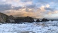 Stunning landscape image of view from Hartland Quay in Devon England durinbg moody Spring sunset Royalty Free Stock Photo