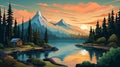 Scenic Cartoon Style Depicting Mountains And Lake In Tonalist Color Scheme