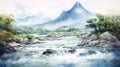 River Of Nigeria Watercolor Painting On Landscape Mountains