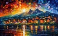 Stunning Landscape Painting of Mountains and City Lights in Leonid Afremov Style. Perfect for Wall Art.