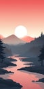 Tranquil Sunset Illustration: Mountains, Trees, And River Royalty Free Stock Photo