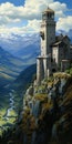 Photorealist Castle Painting On Mountain By Dalhart Windberg