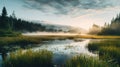 Serene Sunrise Over Fog In Norwegian Wetland Royalty Free Stock Photo