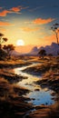 Golden Light A Romantic Digital Painting Of A Desert Valley