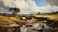 Delicately Rendered Landscape: Cows By Water In Barbizon School Style