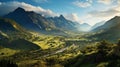 A stunning landscape shot of a mountain range with lush greenery and clear blue skies in the backg