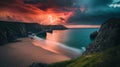 A stunning landscape showcasing dramatic cliffs and a vivid sunset. Lightning streaks across the sky creating a Royalty Free Stock Photo