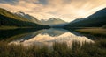 Tranquil mountain lake landscape reflecting the majestic peaks under a warm sunset sky Royalty Free Stock Photo