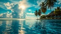 Stunning landscape, swimming pool blue sky with clouds. Tropical resort hotel in Maldives Royalty Free Stock Photo