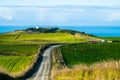 The stunning landscape of the way in a rural area in New Zealand. Gravel road among green grassland with blue sky. I Royalty Free Stock Photo