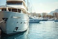 A stunning large white boat rests peacefully in the harbor, blending with the serene beauty of the waterfront, A luxury electric Royalty Free Stock Photo