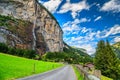 Stunning Lauterbrunnen town and Staubbach waterfall,Bernese Oberland,Switzerland,Europe