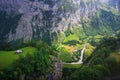 Stunning Lauterbrunnen valley rural view, bird eye view from cable car from Stechelberg to Murren Station, Lauterbrunnen Royalty Free Stock Photo