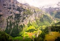 Stunning Lauterbrunnen valley rural view, bird eye view from cable car from Stechelberg to Murren Station, Lauterbrunnen Royalty Free Stock Photo