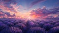 Stunning lavender field bathed in the warm glow of a setting sun