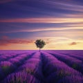 Stunning lavender field landscape Summer sunset with single tree Royalty Free Stock Photo