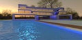 Stunning LED lighting of a contemporary suburbun private estate at night time. Big advanced pool with blue water. Starry sky. 3d Royalty Free Stock Photo