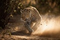 Stunning leopard running through the desert with its paws kicking up sand. Amazing African wildlife