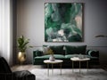 Modernist Emerald and Grey Living Room Interior Design with Abstract Painting, Royalty Free Stock Photo