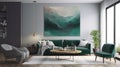Modernist Emerald and Grey Living Room Interior Design with Abstract Painting, Royalty Free Stock Photo