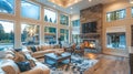 Stunning living room interior featuring hardwood floors and a fireplace in a new luxurious home Royalty Free Stock Photo