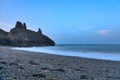 Stunning long exposure low ground view of seascape and Black Castle ruins South Quay Corporation Lands Co. Wicklow Ireland