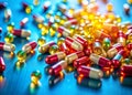 Stunning Long Exposure Photography of Multivitamin Capsules on a Deep Blue Background A Visual Celebration of Royalty Free Stock Photo