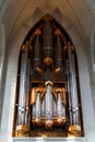 Stunning low-angle shot of the Hallgrimskirkja church organ located in Reykjavik, Iceland